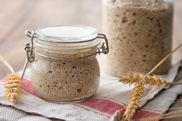 活性黑麦酵母发酵剂在一个罐子。副本的空间。图片下载