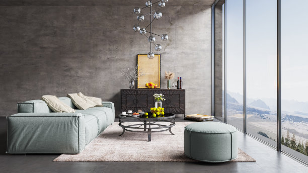 现代室内设计的背景是混凝土墙和地板的反射。素材图片