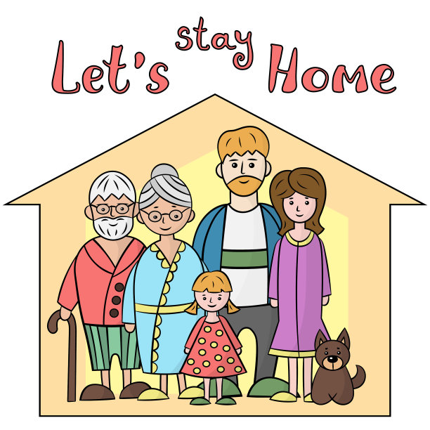 一个五口之家和一条狗在隔离的家中图片下载