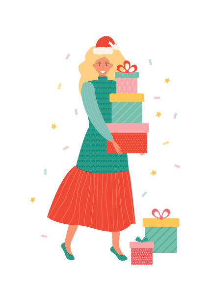 快乐的年轻女子在圣诞老人的帽子携带一堆礼物盒。抱着礼物的卡通女性角色具有积极的情感。新年和圣诞节庆祝活动。手绘矢量图图片下载