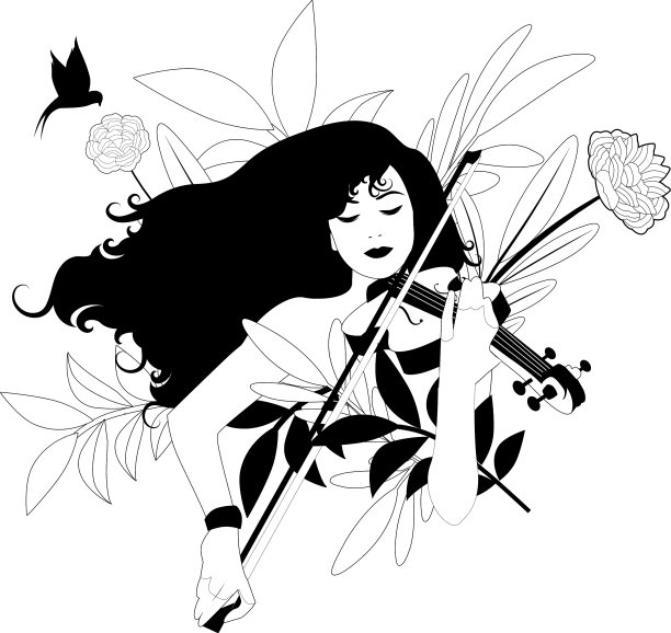 美丽的女孩拉着小提琴围着鸟儿图片下载