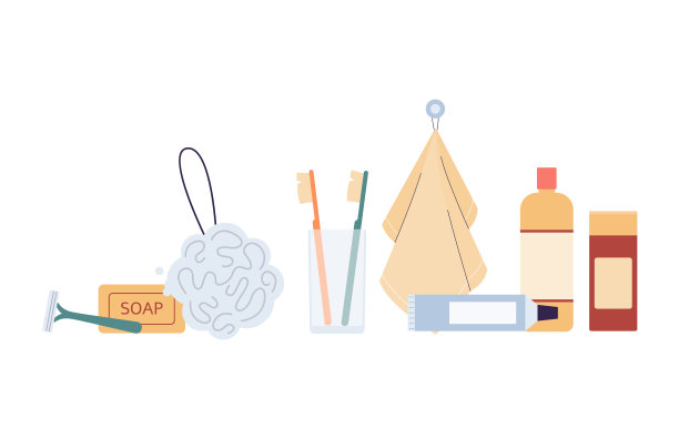 浴缸和淋浴用品和配件，平面矢量插图孤立。图片下载