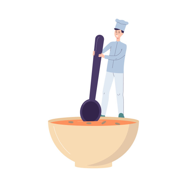 小厨师服务南瓜汤在大碗平面矢量插图孤立。图片下载
