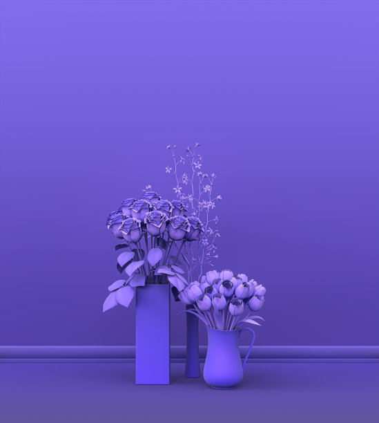 室内空间采用纯紫罗兰色，装饰室内植物组，用于复制空间和海报框背景。三维渲染图片下载
