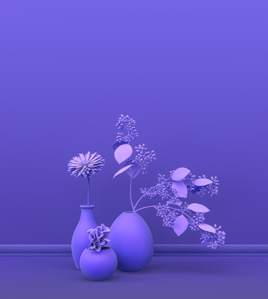 一组植物和花在纯单色紫色，洋红空室内空间复制空间和海报框背景。三维渲染图片下载