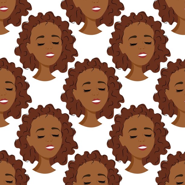 无缝模式与化身的黑人非洲女孩在一个白色的背景。一个年轻女人的侧面在前面，一个扁平的风格。人们的脸上洋溢着喜悦和放松。
股票矢量图图片下载