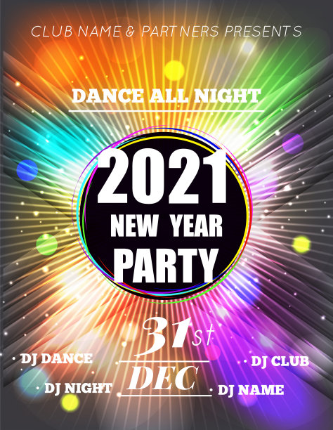 圣诞晚会海报。2021年新年传单快乐。新年派对设计与多色的散景灯光背景。图片下载