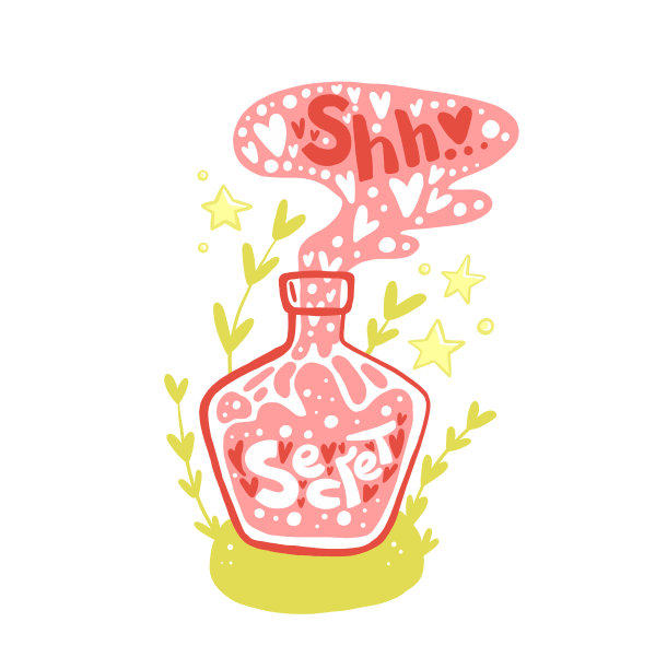 矢量涂鸦说明与液体秘密液体和字母嘘的爱的酏剂。图片下载
