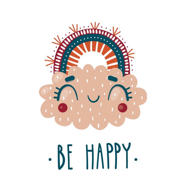 可爱的云和彩虹。书写快乐。婴儿房海报。孩子打印。矢量插图。图片下载