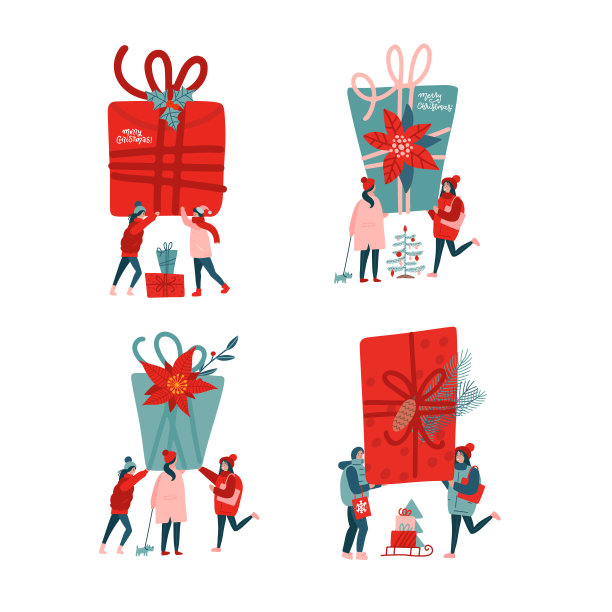 一群人在庆祝新年。平面矢量插图——朋友们拿着礼物，小人靠近大礼品盒。新年或圣诞概念的横幅，网站设计或登陆网页图片下载