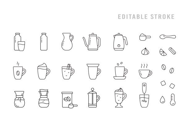咖啡或茶图标集。黑色线性可编辑的笔划标志图片下载