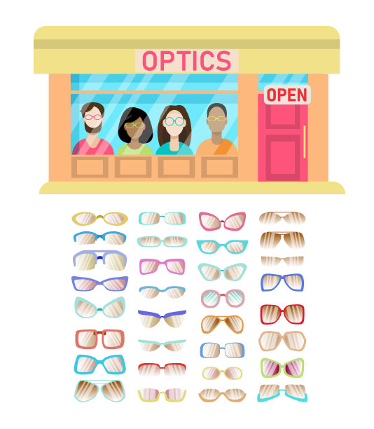 光学商店的正面和一套太阳镜孤立在一个白色的背景。矢量插图在平面风格。复古、经典、现代风格的眼镜边缘剪影。商店卖的眼镜。图片下载