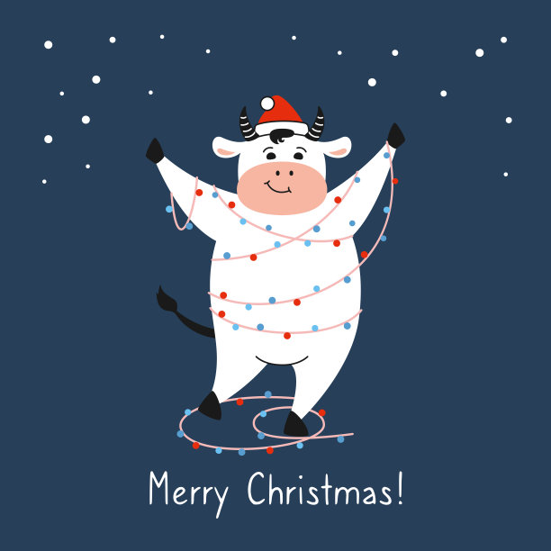 牛与花环圣诞帽圣诞卡片向量图片下载
