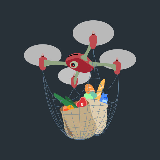 红色四轴飞行器，包裹杂货，邮政无人机快速递送，快递服务图片下载