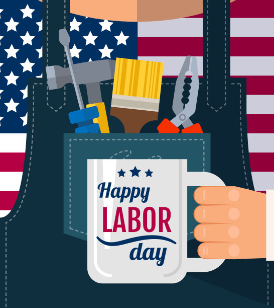 劳动节快乐贺卡海报，横幅，传单，上面有一个工人穿着牛仔工装裤，手里拿着一个杯子祝贺建筑工具。平面风格矢量插图图片下载