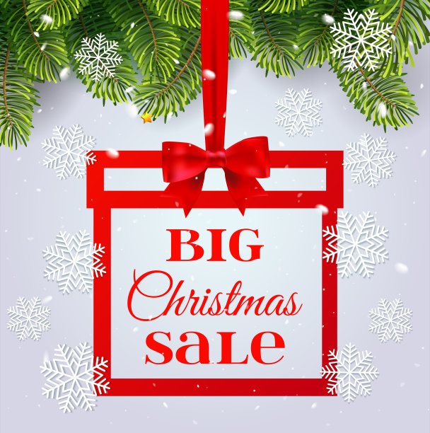 圣诞大甩卖，横幅礼物形状用金色的丝带和蝴蝶结，白色的背景和圣诞树上的雪花和雪花。小册子，贺卡或横幅模板。矢量图图片下载