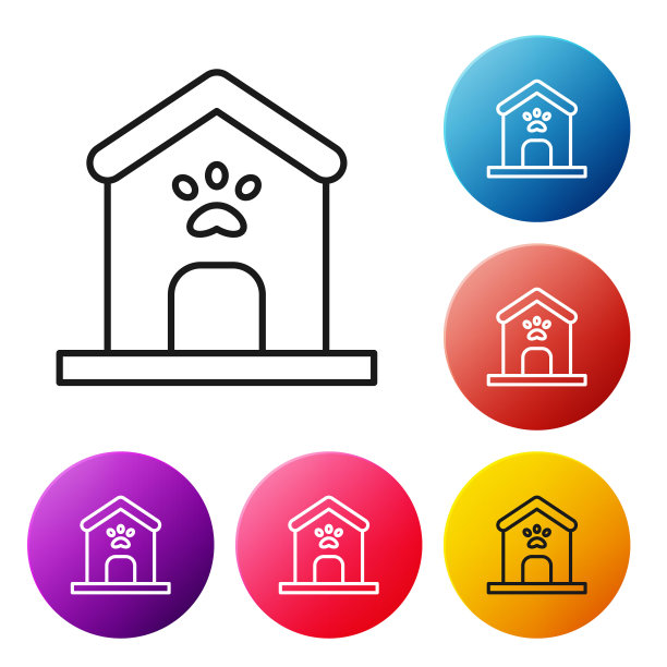 黑线狗的房子和爪印宠物图标孤立在白色的背景。狗窝。设置彩色圆形按钮图标。向量图片下载