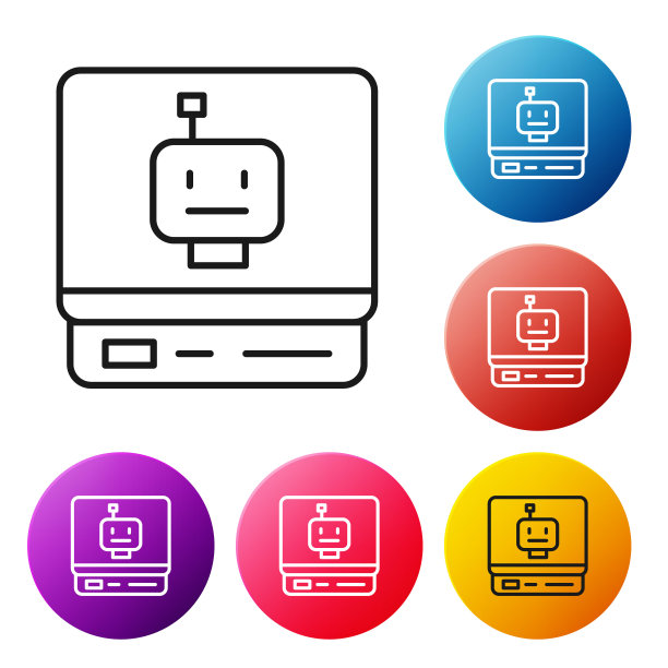 黑线机器人图标孤立在白色背景上。人工智能，机器学习，云计算。设置彩色圆形按钮图标。向量图片下载