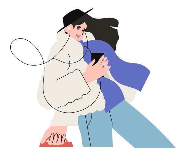 年轻女性或教师听音乐或有声读物时，要戴上隔离的白色背景耳机。矢量插图的卡通女性角色听音频通过耳机和享受声音。图片下载