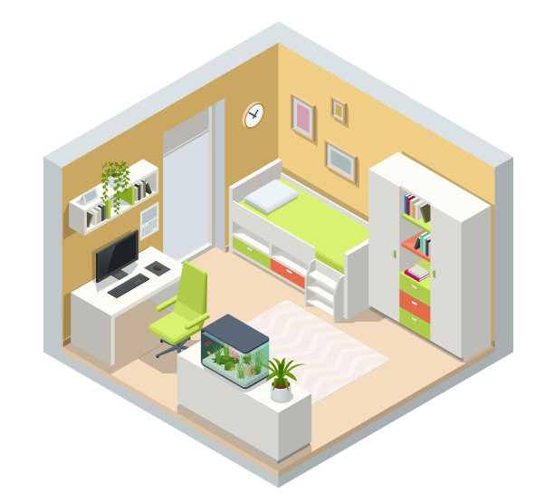 等距现代青少年房间室内舒适的床。室内装饰的想法。室内的现代书房为青少年图片下载