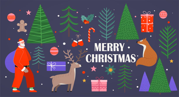 圣诞和新年的背景有节日物品圣诞老人，圣诞树，松树，鹿，狐狸，礼盒，红色糖果手杖，饼干。明亮的抽象构图与冬季假期。图片下载