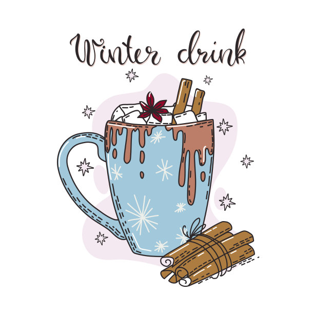 一杯有棉花糖和肉桂的舒适热饮。字母与一个书法短语-冬天的饮料。圣诞快乐，新年快乐。矢量插图。图片下载