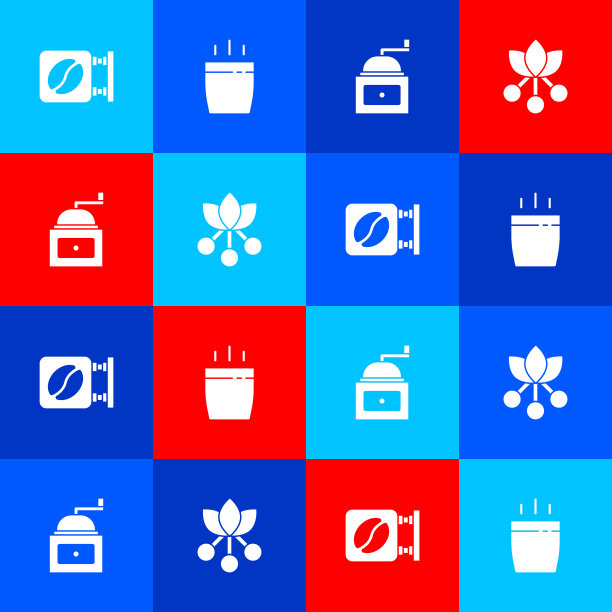 设置街道招牌咖啡，咖啡杯，手动研磨机和豆，分支图标。向量图片下载