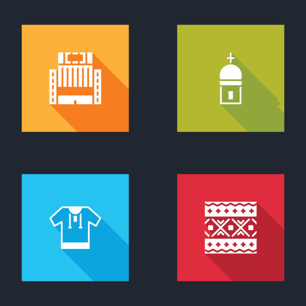 设置乌克兰酒店大楼，教堂塔，刺绣衬衫和乌克兰民族图案图标。向量图片下载