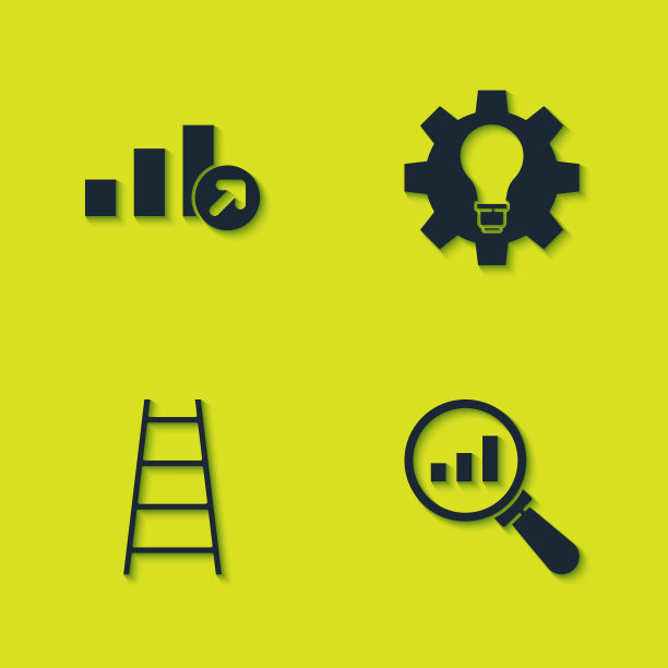 设置财务增长，放大镜和分析，楼梯与完成旗和灯泡齿轮图标。向量图片下载