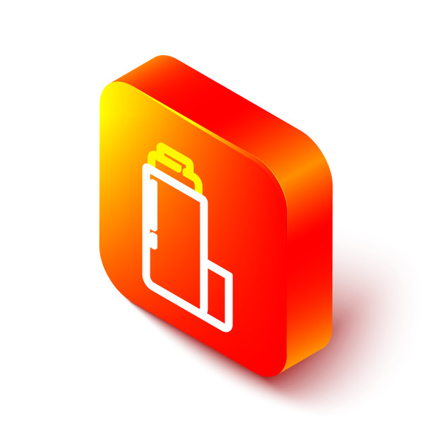 等距线热水瓶容器图标隔离在白色背景上。热瓶图标。露营和徒步旅行的装备。橙色平方按钮。向量图片下载