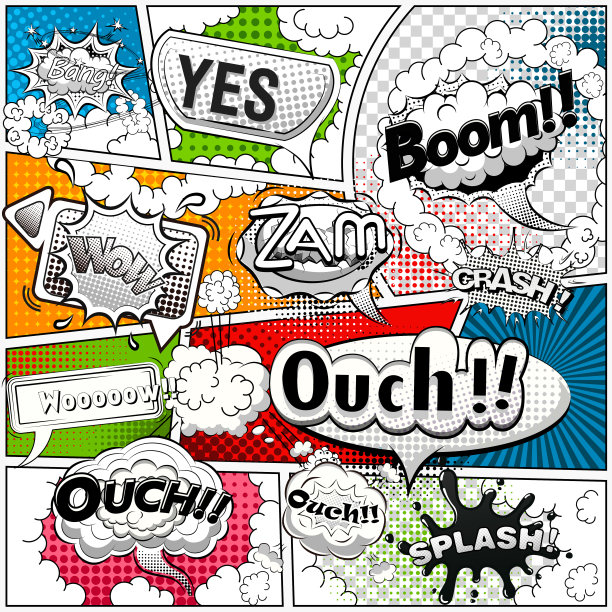 漫画书页面用黑白线条划分语音气泡，声音效果好。复古的背景模型。漫画模板。矢量图图片下载