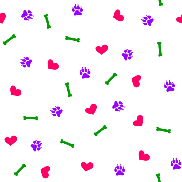 彩色的狗爪，骨头和心手绘无缝图案在白色的背景。图片下载