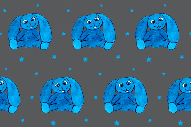 灰色板上有蓝色东方兔子的无缝图案。手绘图。水彩纹理。有趣和可爱的兔子玩具的宝宝。春天和夏天的主题。印刷纺织品，礼品包装纸图片下载