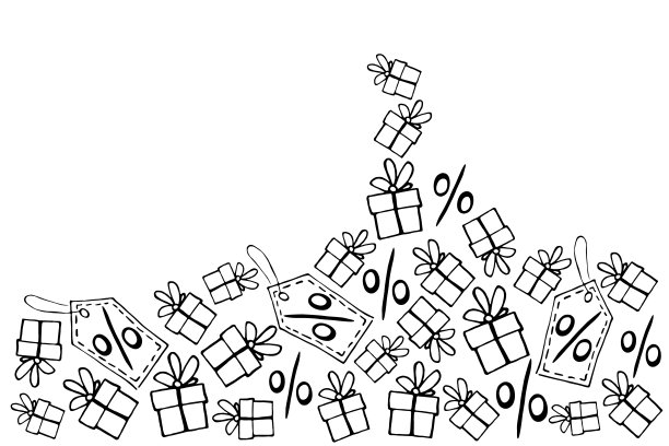 背景山从手绘大纲礼物，百分比，价格标签在涂鸦风格。矢量海报主题黑色星期五，购物，折扣和销售图片下载