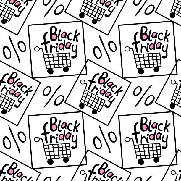 向量无缝模式与铭文黑色星期五和图像购物车，百分比标志。手绘背景和纹理的主题销售，折扣，商业和特别优惠图片下载