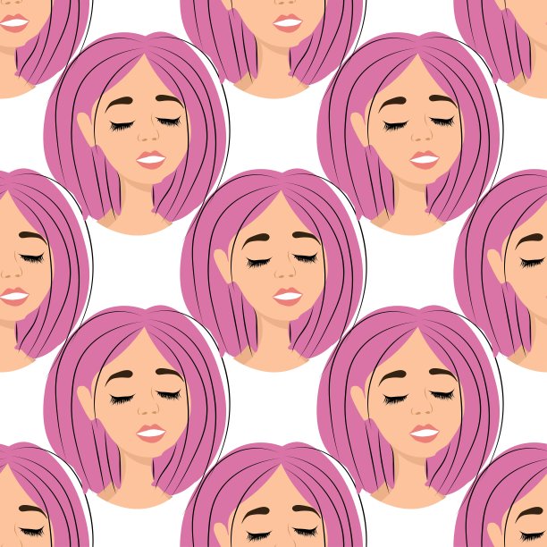 无缝图案与现代女孩的化身在一个白色的背景。一个年轻女人的侧面在前面，一个扁平的风格。人们的脸上洋溢着喜悦和放松。
股票矢量插图设计，装饰图片下载