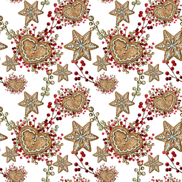 圣诞姜饼饼无缝图案，心星雪花圣诞美食背景。水彩插图。装饰圣诞礼物。包装纸织物纹理设计图片下载