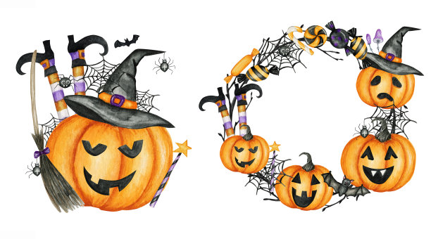 快乐万圣节花环节日派对框架与杰克O'南瓜灯，蝙蝠，蜘蛛，糖果糖果派对装饰。水彩卡通插图孤立的白色背景。图片下载