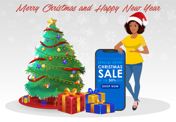 圣诞老人女孩性格带着礼物，包着礼物，挥手致意。用于圣诞卡、横幅、标签、手机和标签。图片下载