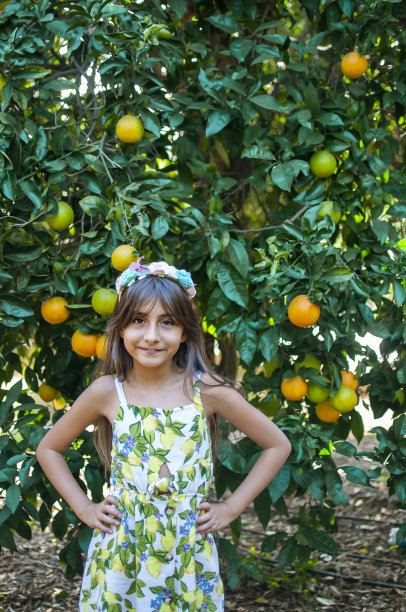 漂亮女孩对着有机橙树摆姿势图片下载