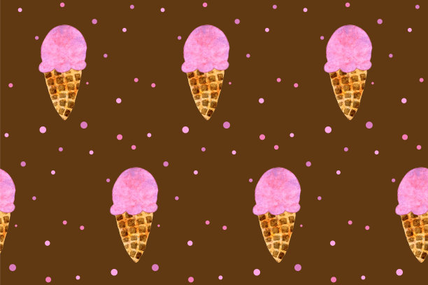 无缝模式与粉红色草莓冰淇淋蛋卷在棕色板。潮流手绘设计的包装纸，纺织品，包装。手绘打印。夏日甜点图片下载