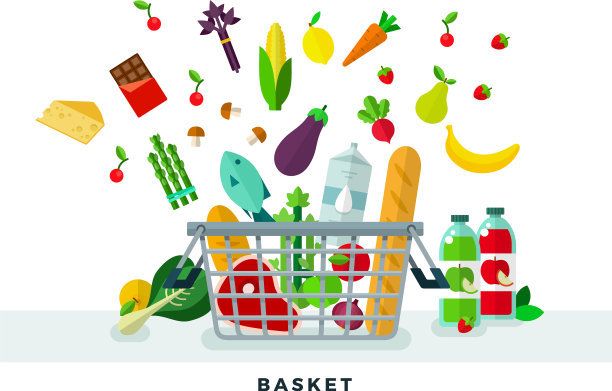 食物篮子平图标设置与鱼肉图片下载