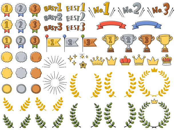 一组可爱的涂鸦风格的排名图标。奖章，奖杯，皇冠，月桂花冠等变异套。图片下载