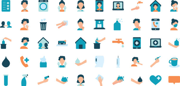 洗手和冠状病毒图标设置平面风格图片下载