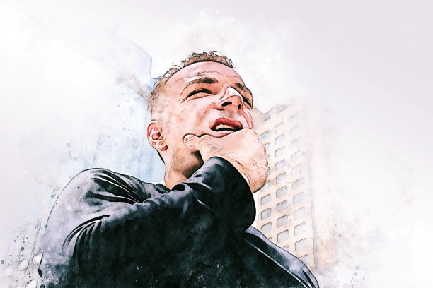 抽象色彩丰富的幸福运动男子微笑肖像水彩插画画背景。图片下载