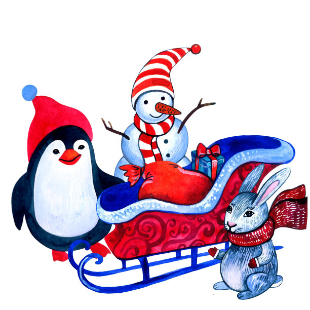 可爱的冬日人物贺卡。一只企鹅，一个雪人和一只兔子在圣诞老人的雪橇旁边，上面放着礼物。圣诞和新年水彩插图。白色背景上的孤立元素。图片下载