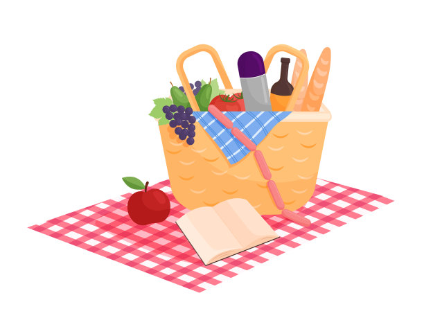 孤立的野餐篮子和一本书图片下载