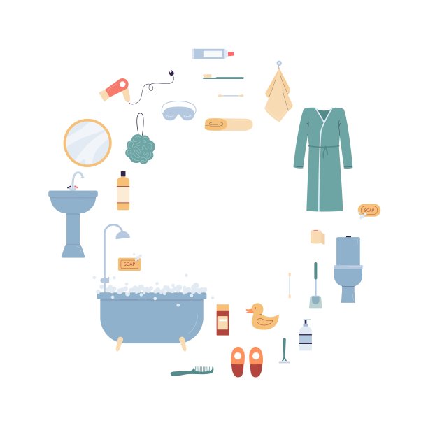 框架的浴室和卫生间配件平面矢量插图孤立。图片下载