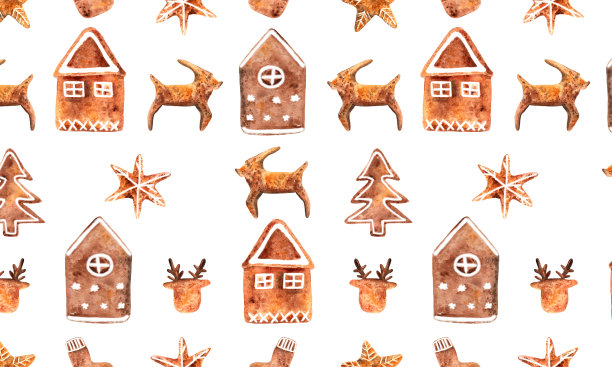 无缝圣诞节日模式手绘水彩。姜饼:鹿饼、屋饼、圣诞袜饼和圣诞树饼。适用于季节性礼品包装，贺卡，纺织品印花，烘焙图片下载