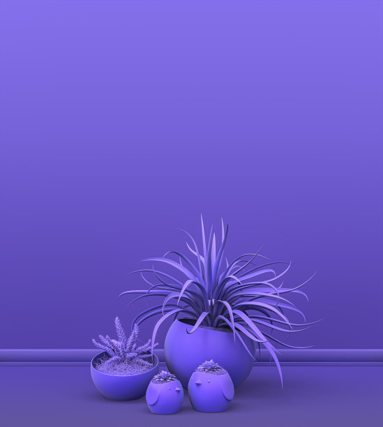 多株植物前面的纯色墙壁在紫色房间复制空间和画框背景。三维渲染图片下载